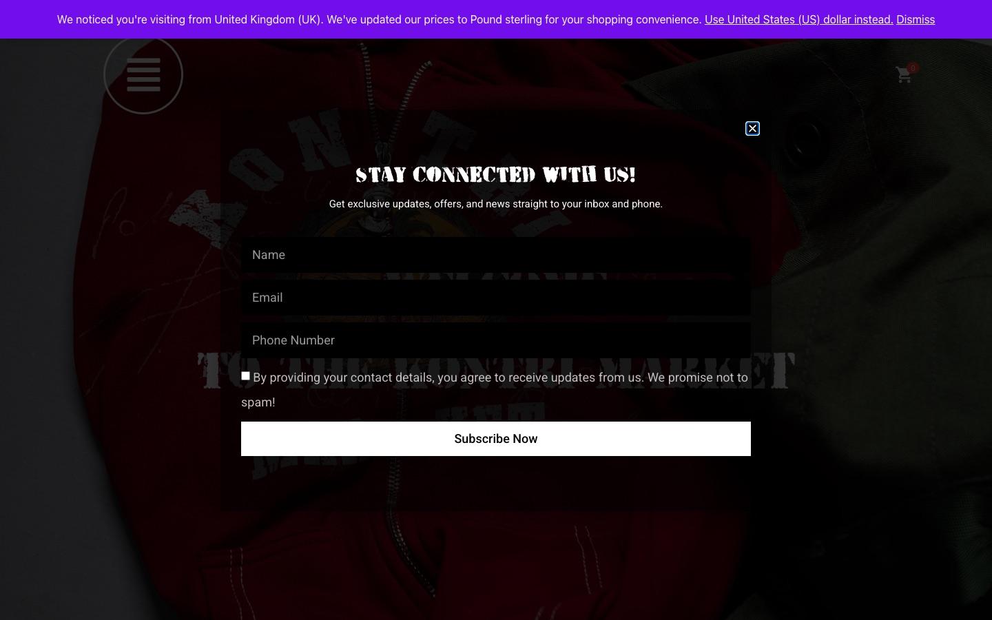 The original Kontri Market homepage, covered by a sign-up popup and a currency banner