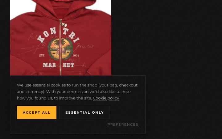 The Kontri Market cookie banner offering Accept all, Essential only and Preferences