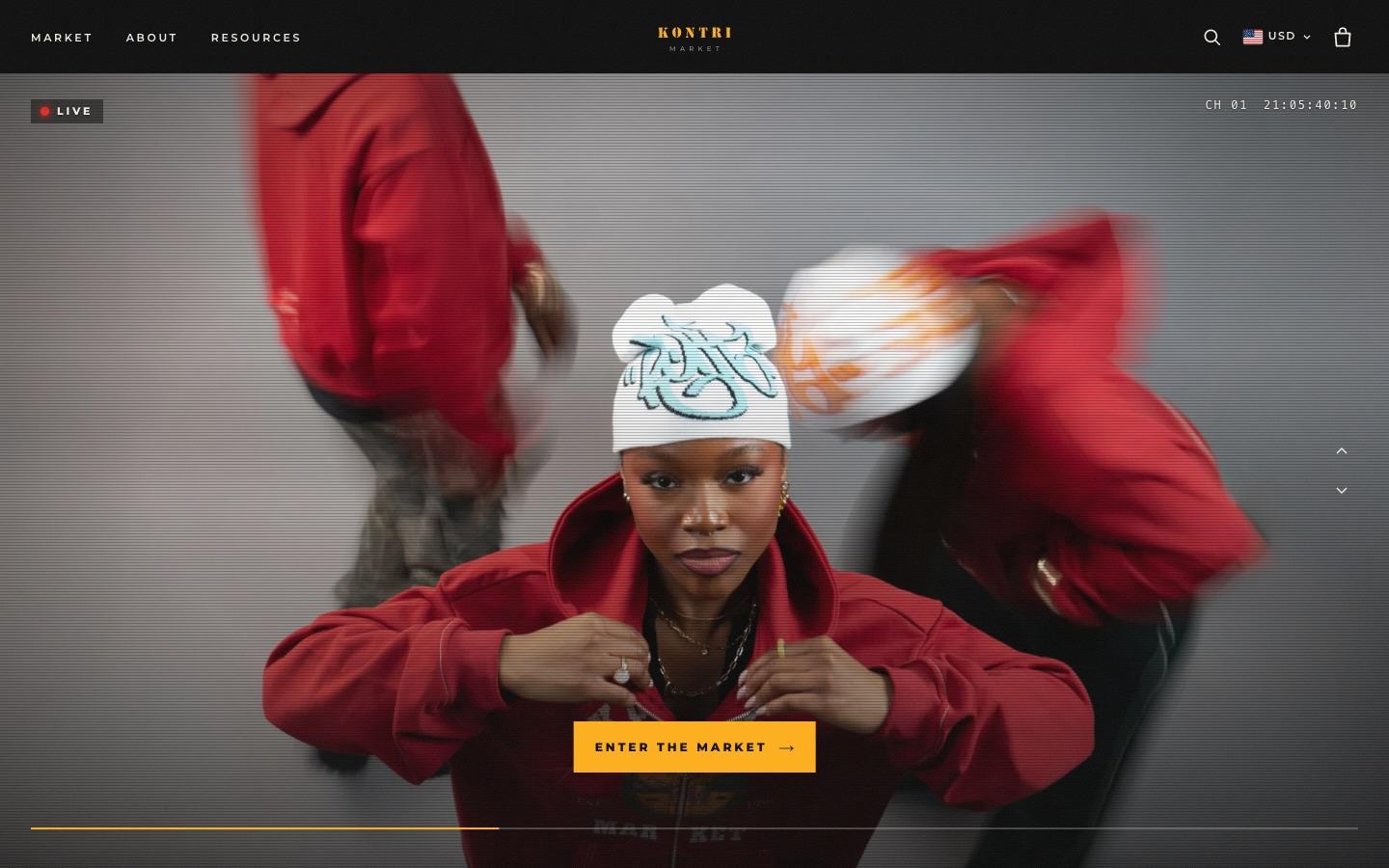 The new Kontri Market homepage, a full-bleed broadcast-style hero with an Enter the Market button