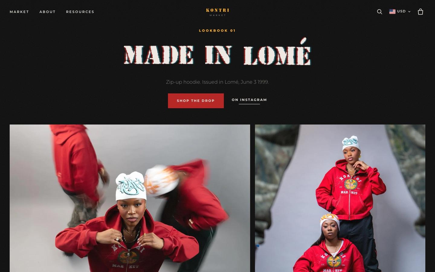 The Made in Lomé lookbook page with campaign photography and a Shop the Drop button