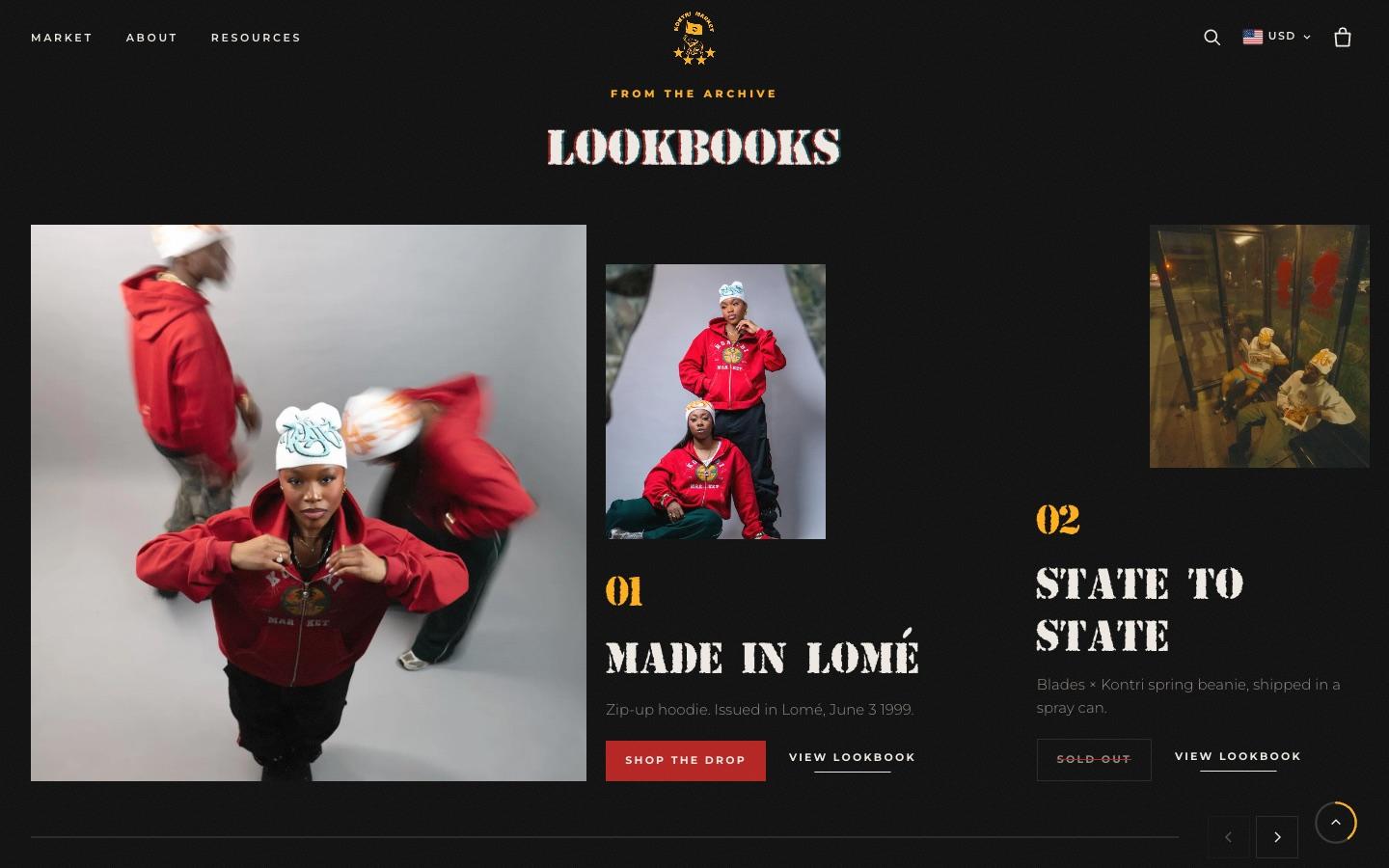 The lookbook archive on the Kontri Market homepage, with numbered drops