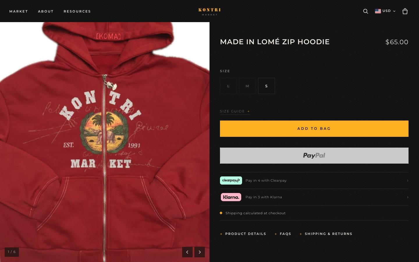 A Kontri Market product page with size selection, PayPal, Clearpay and Klarna